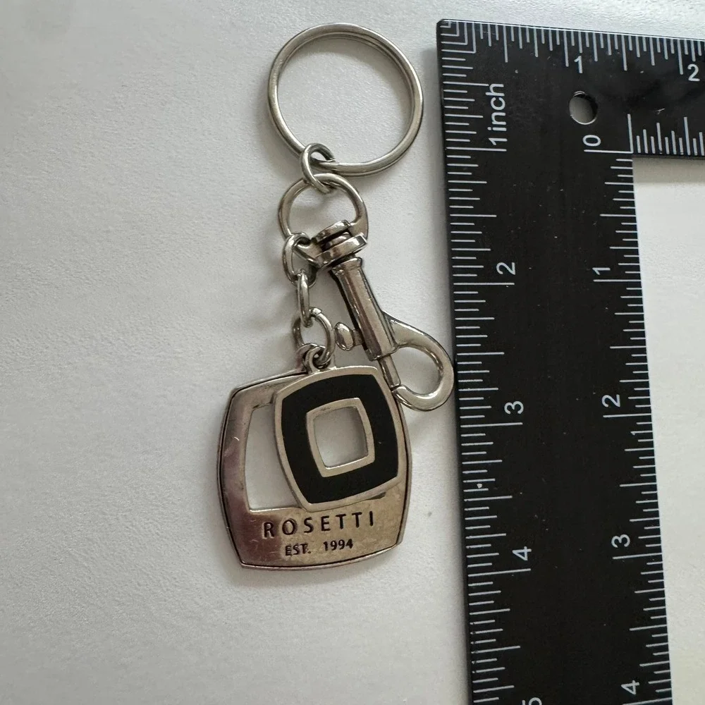 Rosetti Keychain Silver Tone Logo Square Black Enamel Modern Key Ring